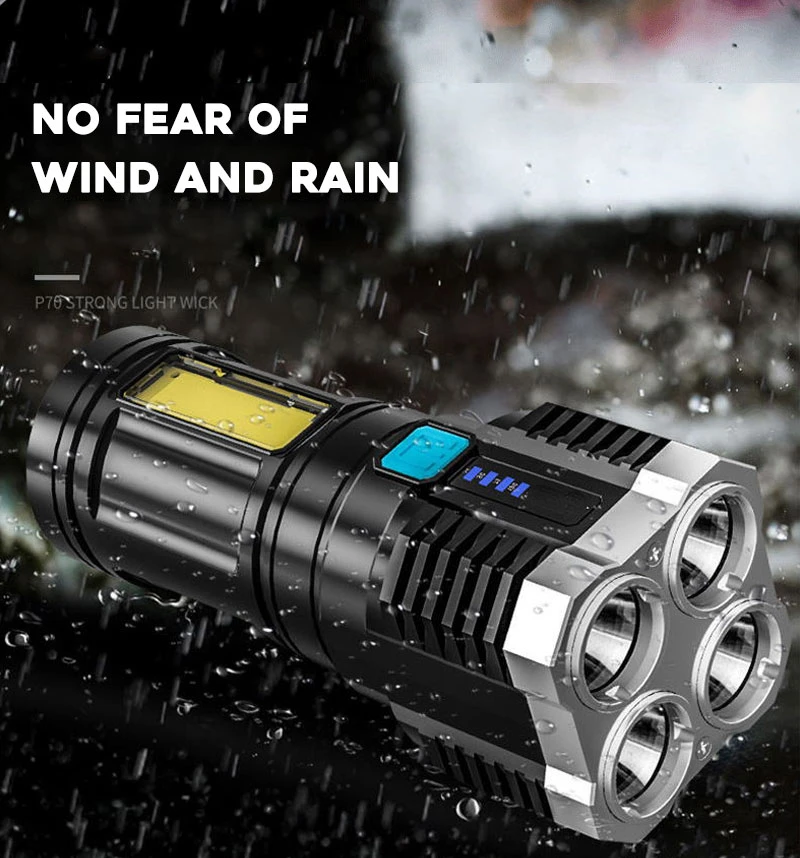 4-core Super Bright Flashlight Rechargeable Outdoor Multi-function P1000 Led Long-range Spotlight Battery Display COB Light