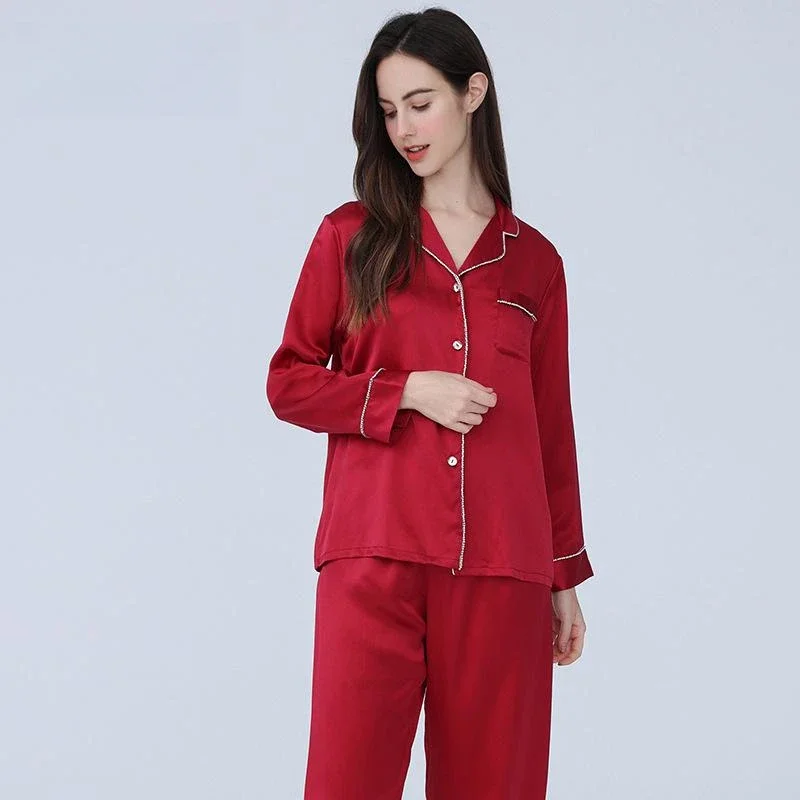 

rhinestones 19mm long sleeve silk pajamas set luxury women silk pajama Two pieces set Nightwear pants cardigan sleepwear Gifts