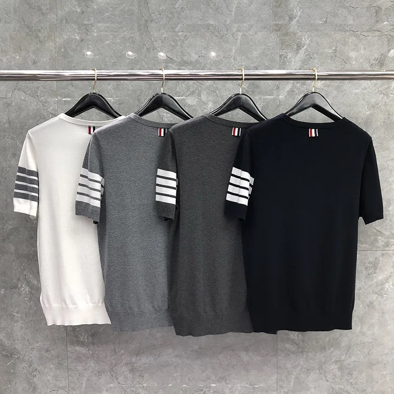 

Круглая футболка из ледяного шелка Ne ort Sve, вязаная повседневная свободная однотонная футболка для мужчин и женщин, брендовый топ в четыре полоски для отдыха