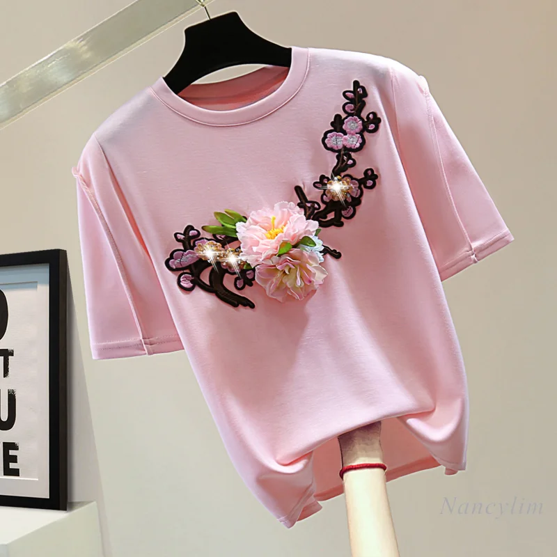 

Beads Rhinestones Embroidered Straight T-Shirt Women Autumn Korean Style Loose Slimming Exquisite Flowers Round Neck Top