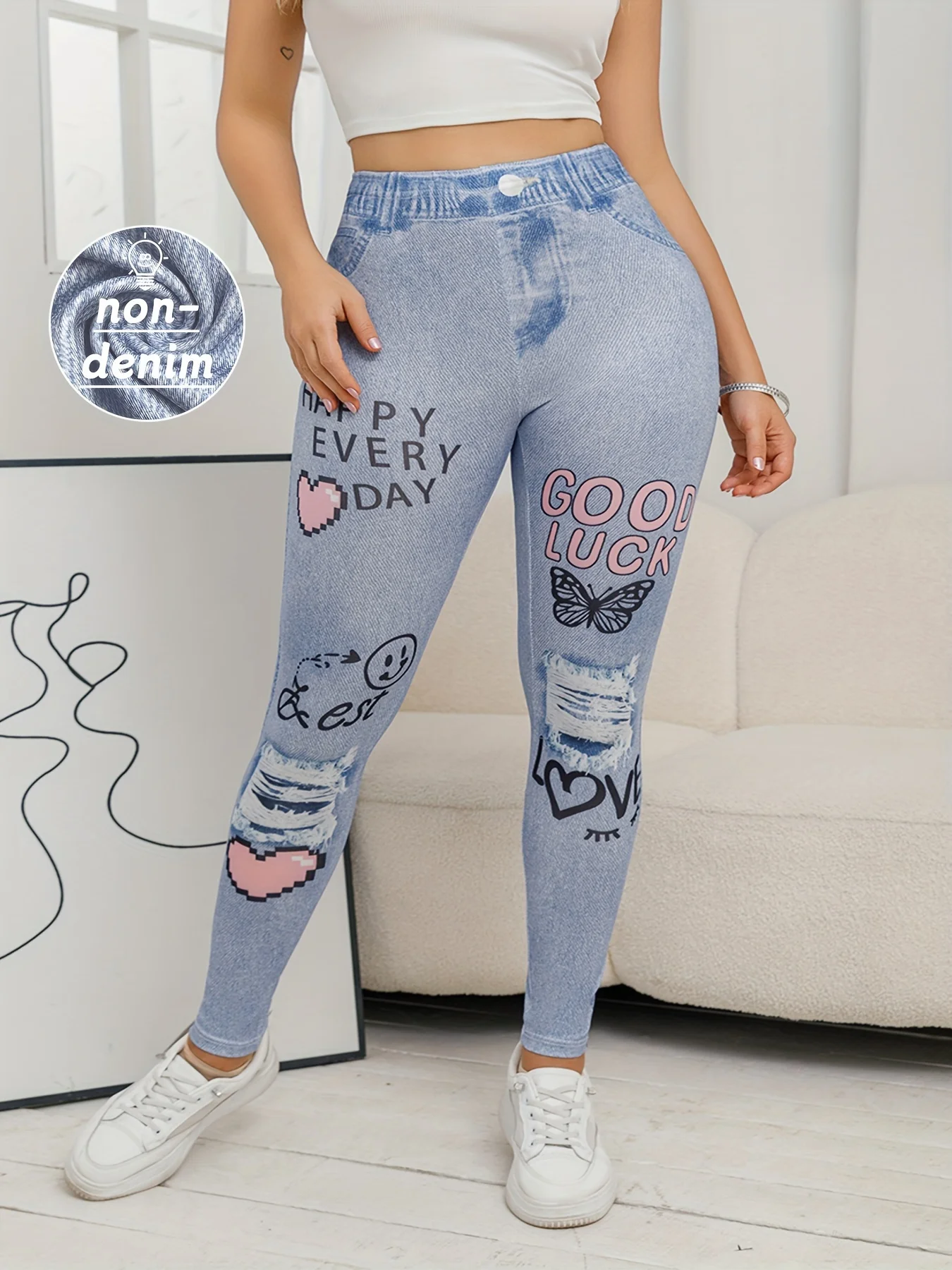 【Denim-inspired】Women's Fitted Leggings with Letter Print Pattern High Elasticity Fashionable Comfortable Stretch Knit Pants