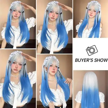 Women's wig synthetic summer blue long straight hair air bangs cos hairy girl style wig natural cosplay party heat-resistant