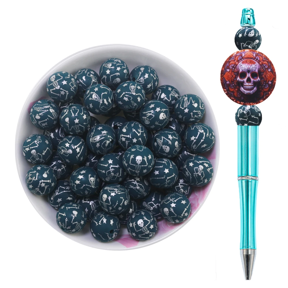 2024 New 10Pcs Halloween Dancing Skull Funny Skeletons Print Silicone Beads Focal Bone Silicon Balls For Pens Making
