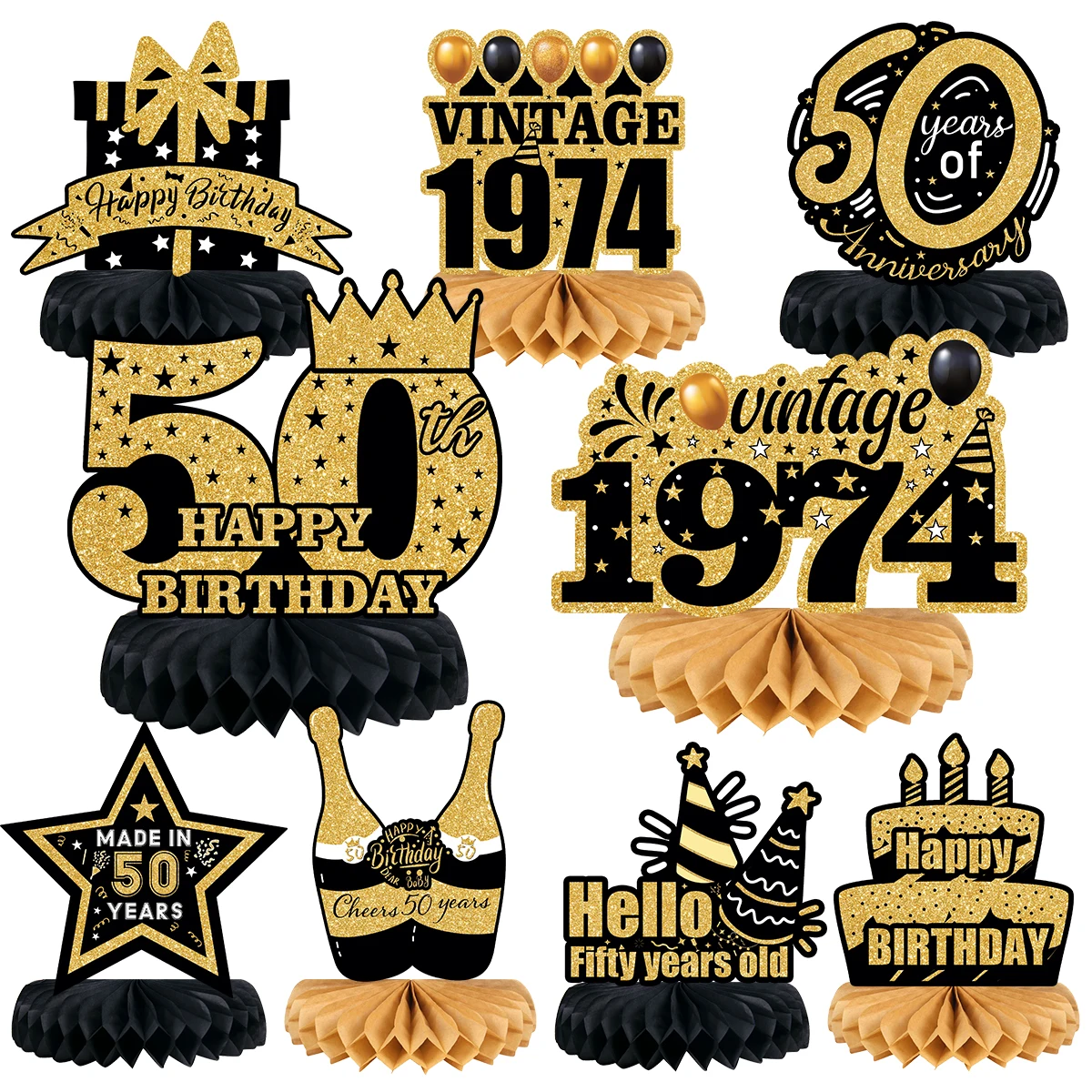 9pcs/set Black Gold 50th Birthday Party Honeycomb Ornaments Photo Props Anniversary Adult 50 Year Old Birthday Party Decorations