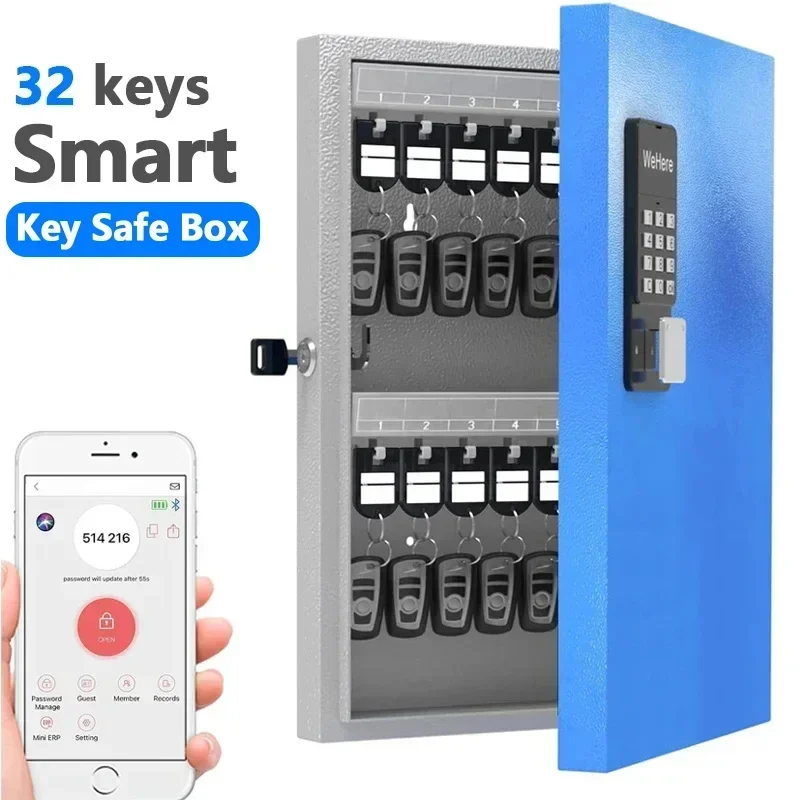 WeHere 32 Key Safe Box, Intelligent Wall Mounted Key Storage Cabinet,OTP/APP Bluetooth/fixed Code Unlocking Key Management Safe