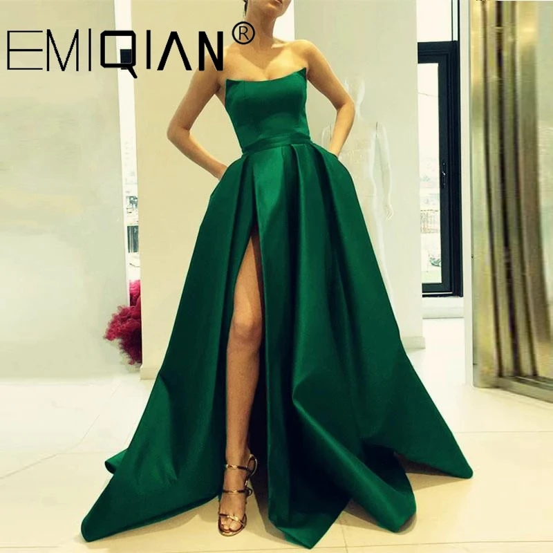 Strapless Party Gown Satin High Slit Prom Dresses Long vestido fiesta Simple Evening Dresses