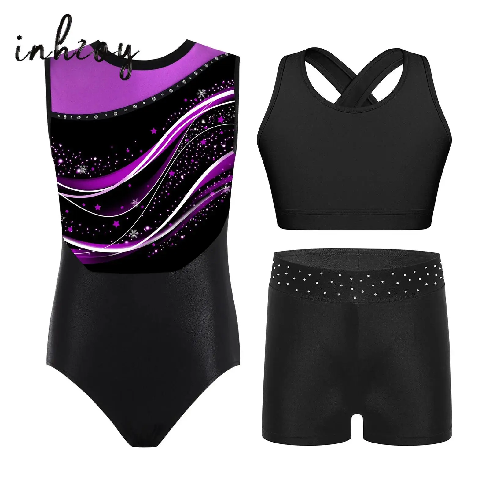 

3Pcs/Set Kids Girls Figure Skating Gymnastics Dance Bodysuit Outfit Fashion Color Block Print Leotard with Shorts and Hair Band