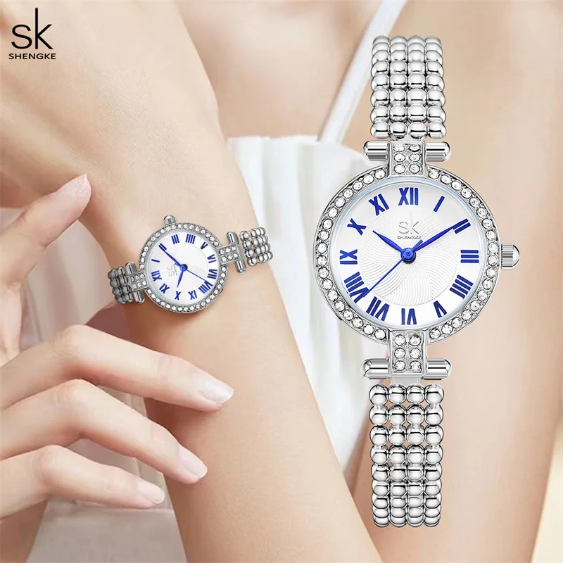 Shengke-Reloj de pulsera de cuarzo para Mujer, cronógrafo de moda, resistente al agua, plateado, automático, con fecha