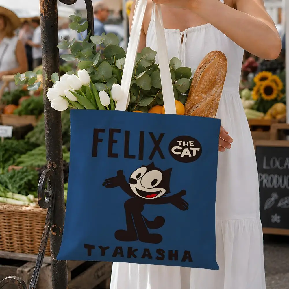 Cute F-Felix T-the C-Cat Storage Bags Fashion Cotton 12/16oz Canvas Tote Bag Eco Friendly Reusable Large Capacity Shopping Bag