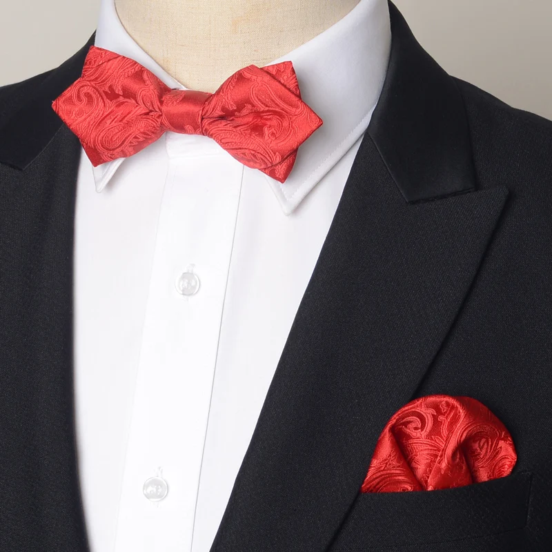 High Quality Deep Red Pointed Bow Tie+Handkerchief Men's Gift Fashionable Wedding Banquet Shirt Accessories 100% Silk Bow Tie