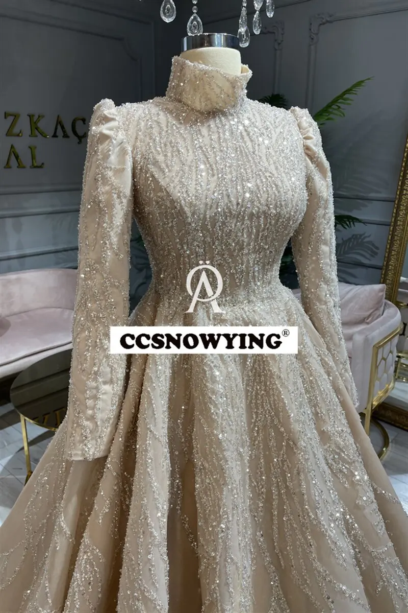 Luxury Organza Appliques Beaded Muslim Evening Dresses Long Sleeve Hijab Islamic Formal Party Gown Prom Dress Arabia Dubai Robe