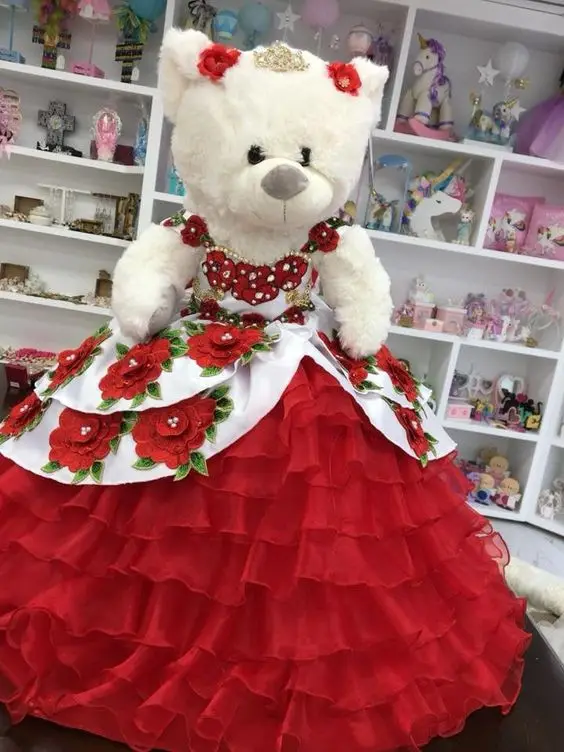 Personalized Quinceanera Teddy Bear Dresses 3D Floral White Red Custom Make Infany Mini Quinceanera Dress Customized