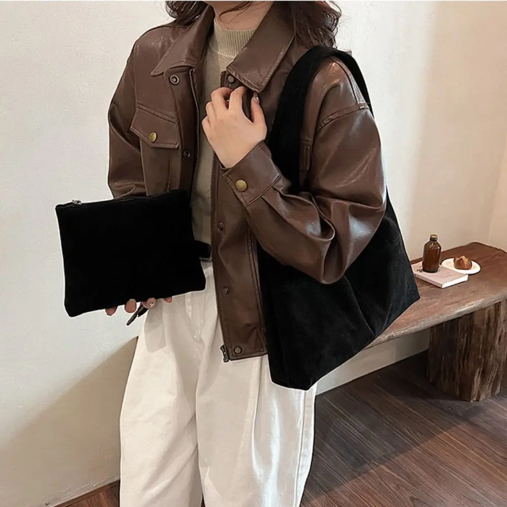 

Simple Handbag Suede Shoulder Bag Brown Large Capacity Hobo Bag Solid Color Korean Style Ladies Tote Bag Girls