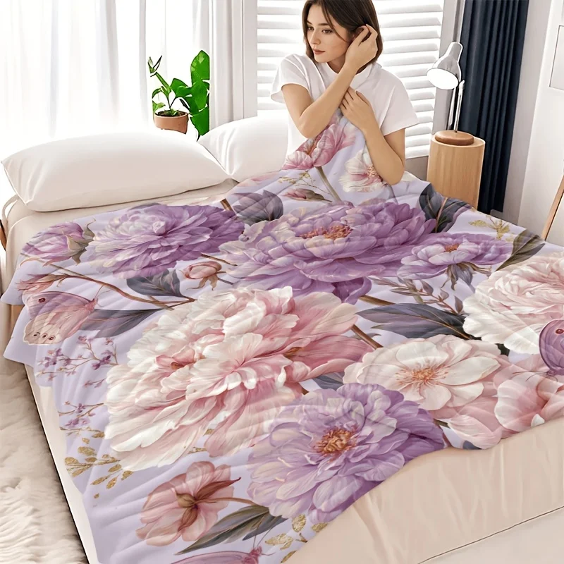 Premium Large Peony Floral Blanket Throw for Couch Bed Home Decoration Soft Fleece Winter Blanket 150x200cm