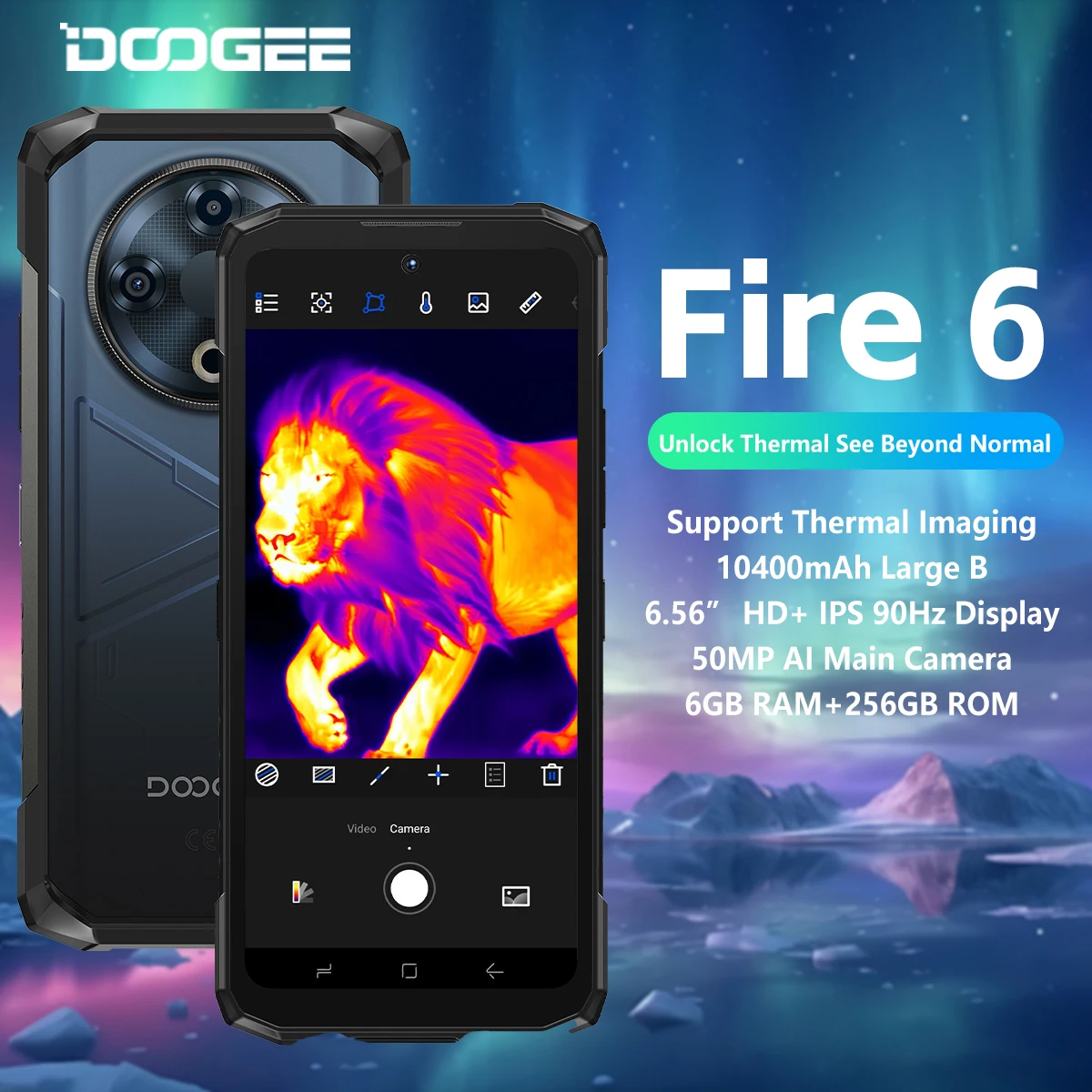 Прочный телефон DOOGEE Fire 6, дисплей 6,56 дюйма, 90 Гц, 6 ГБ ОЗУ, 256 ГБ ПЗУ, 50 МП, основная камера с искусственным интеллектом, 10400 мАч/18 Вт, Android 14