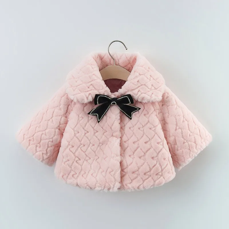 New Faux Fur Plush Girls Baby Jacket Keep Warm Outerwear Fashion Bow Little Princess Christmas Birthday Party Coat Kids Clothing