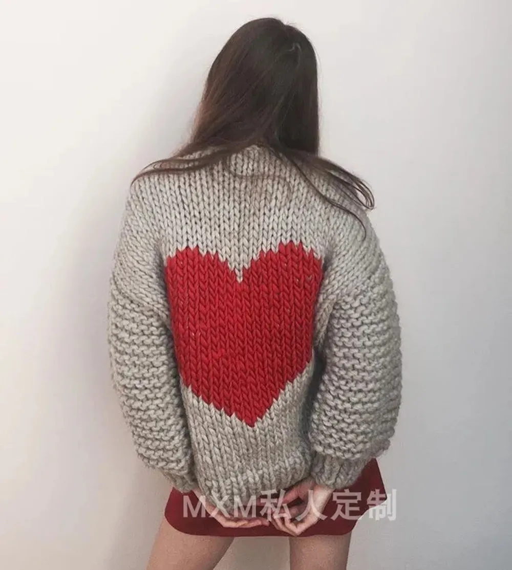 Women\'s Hand Woven Thick Stick Needle Back Heart Shaped Pattern Small Short Cardigan Sweater, 100% Pure Wool Jacket