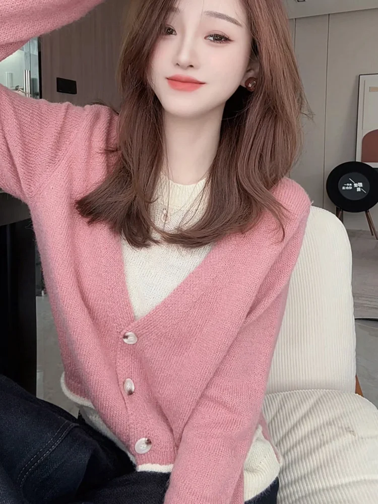 

Модный свободный вязаный свитер для женщин, розовый топ, дизайнерская новинка, имитация двухслойности, корейский стиль, осенняя коллекция