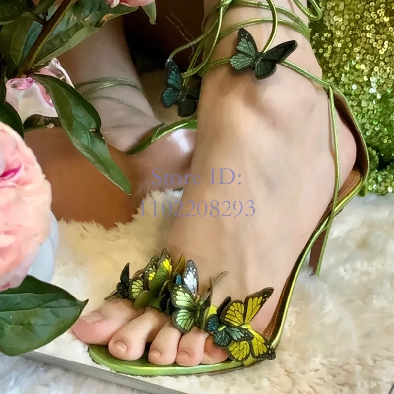 

Green Butterfly Strappy Thin High Heel Sandals Open Toe Stiletto Ankle Lace Up Hollow Summer New ﻿Women Rome Shoes 2024