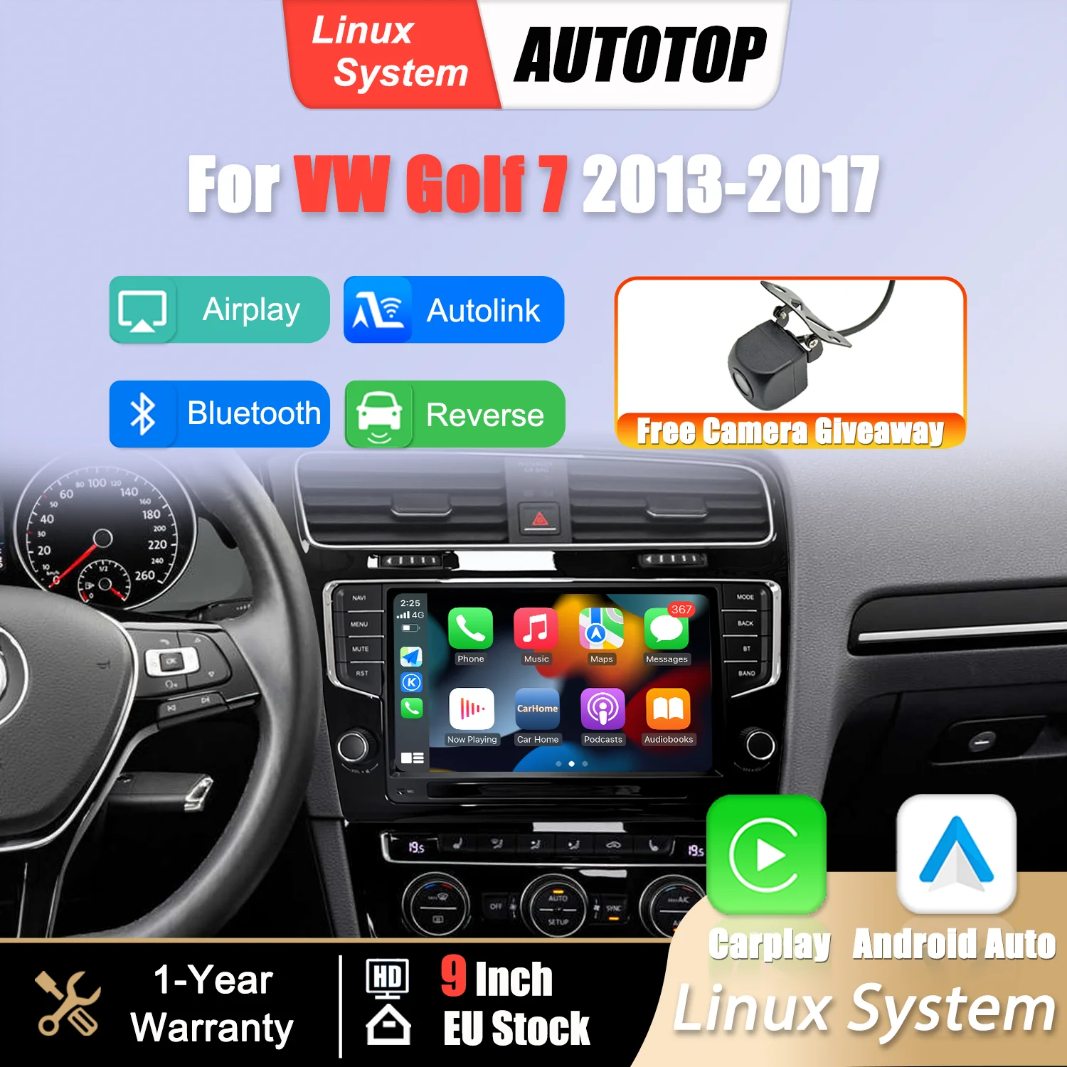 Schermo multimediale Linux da 9 pollici con CarPlay wireless e Android Auto per Volkswagen VW Golf 7 2013-2017, BT, DSP, schermo touch, telecamera posteriore, autoradio.
