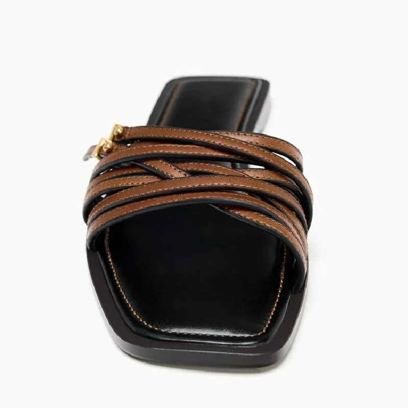 Narrow Band Fashion Flat Slippers Women 2026 New Brand Slides Female Brown Open Toe Light Comfort Non-slip Beach Sandals Women