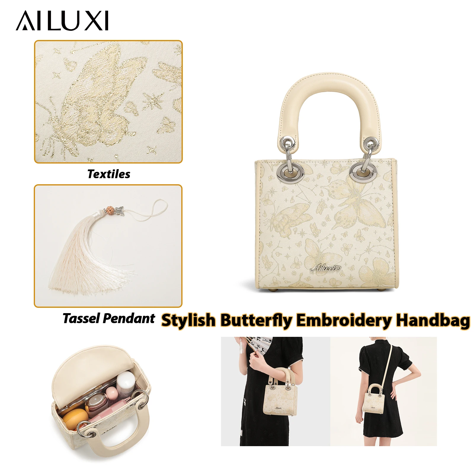 AILUXI Women Handbag PU Leather Luxury Designer Butterfly Bag Metal Tassel Pendant Makeup Cosmetic Bag Fashion Mini Female Bag