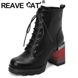 REAVE CAT Ladies Booties Round Toe High Block Heels 9cm Lace Up Platform 2.5cm Concise 43 44 Party Female Shoes S4562