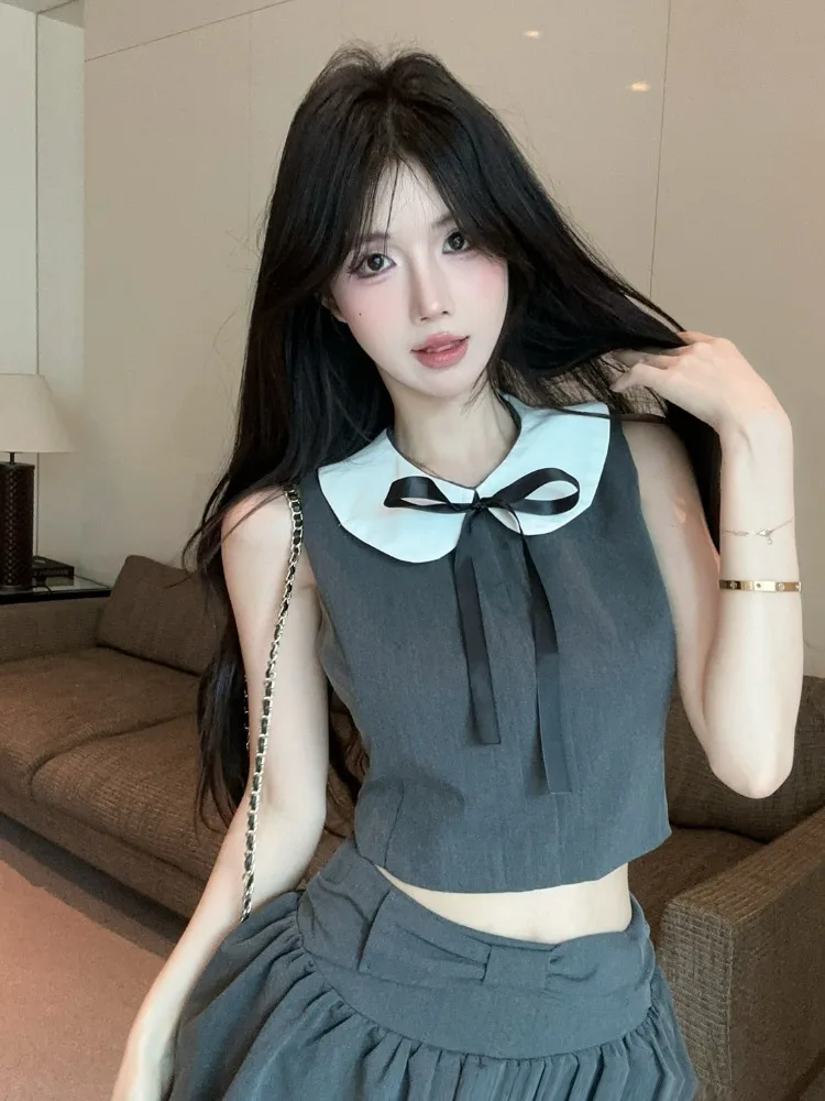 

Sweet And Spicy Fashion Set Color Block Sleeveless Vest Top Pleated Slimming Skirt Two Piece Set Korean Style Commute