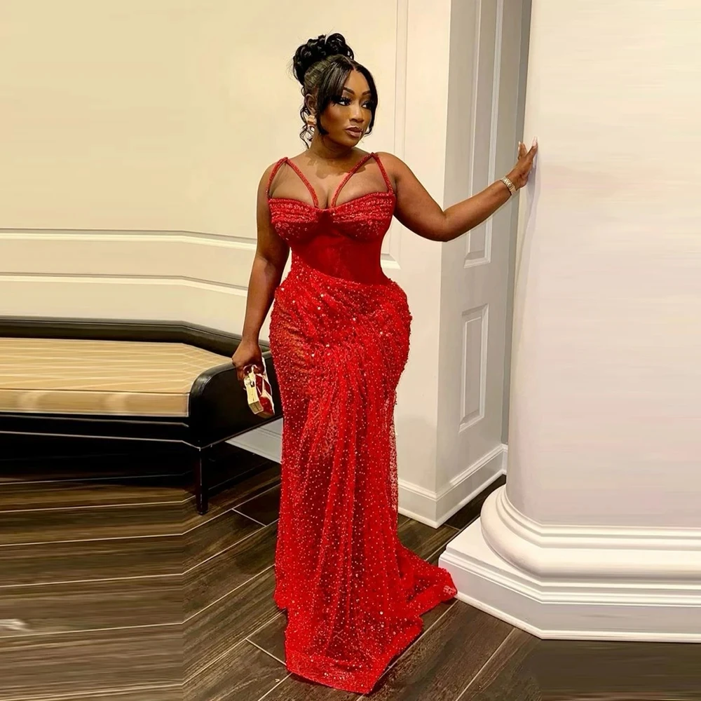 Sexy Lace Mermaid African Women's Evening Dress Luxury Beaded Pearl Formal Event Party Dress Red Prom Dress Customization - view 2