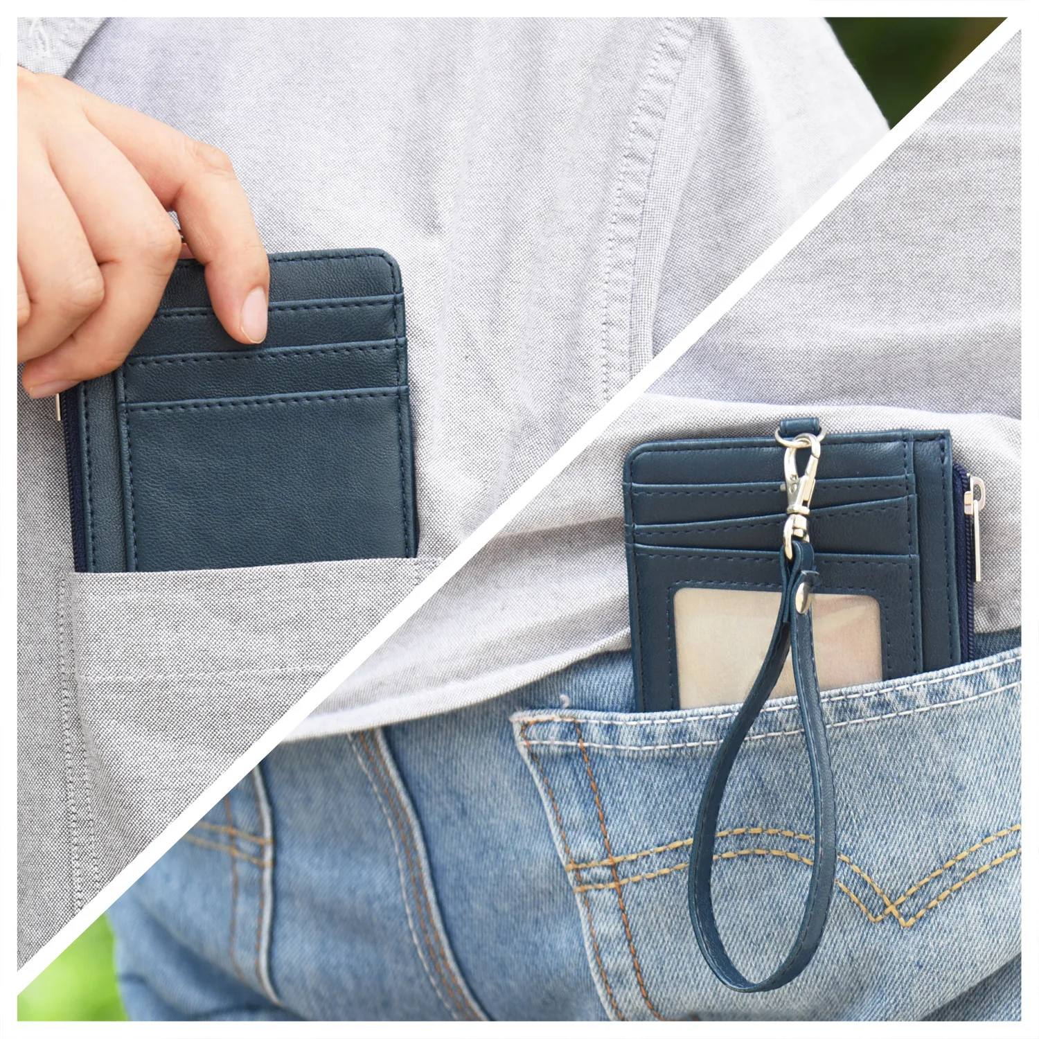 Luxury PU Leather Multiple Cards Credit ID Zippered Card Holder Zipper Purse Coin Key Pocket Keychain With Hand Strap Lanyard