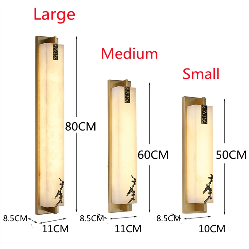 모든 구리 새로운 중국 스타일 거실 배경 대리석 LED 벽 램프, 50 60 80CM 110V 220V 빌라 침실 램프 연구 램프