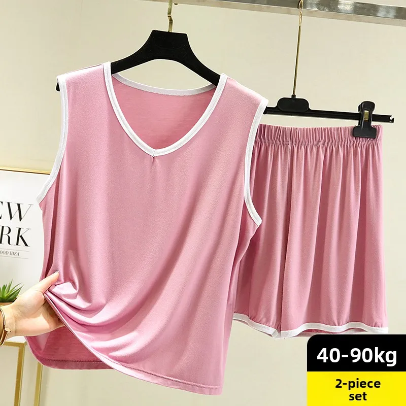 Conjunto de regata modal solta feminino verão tamanho grande spwear camada base fina alça irt orts conjunto de duas peças cor pura versátil