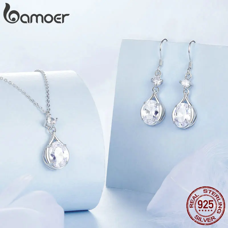 Bamoer Original 925 Sterling Silver Simple Water droplet Earrings Necklace Set CZ White Gold For Women Wedding Gift Fine Jewelry