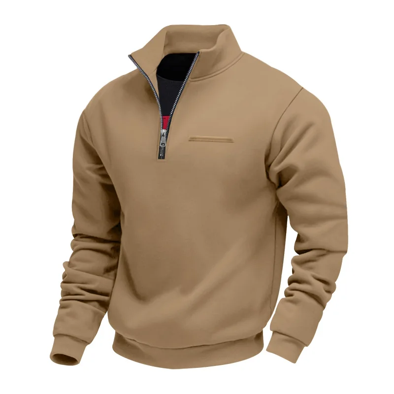 Amerikanischer Herbst- und Winter-Herrenpullover aus schwerem Fleece mit langen Ärmeln, halbem Reißverschluss, lockerem Schnitt und Stehkragen – Detail 34