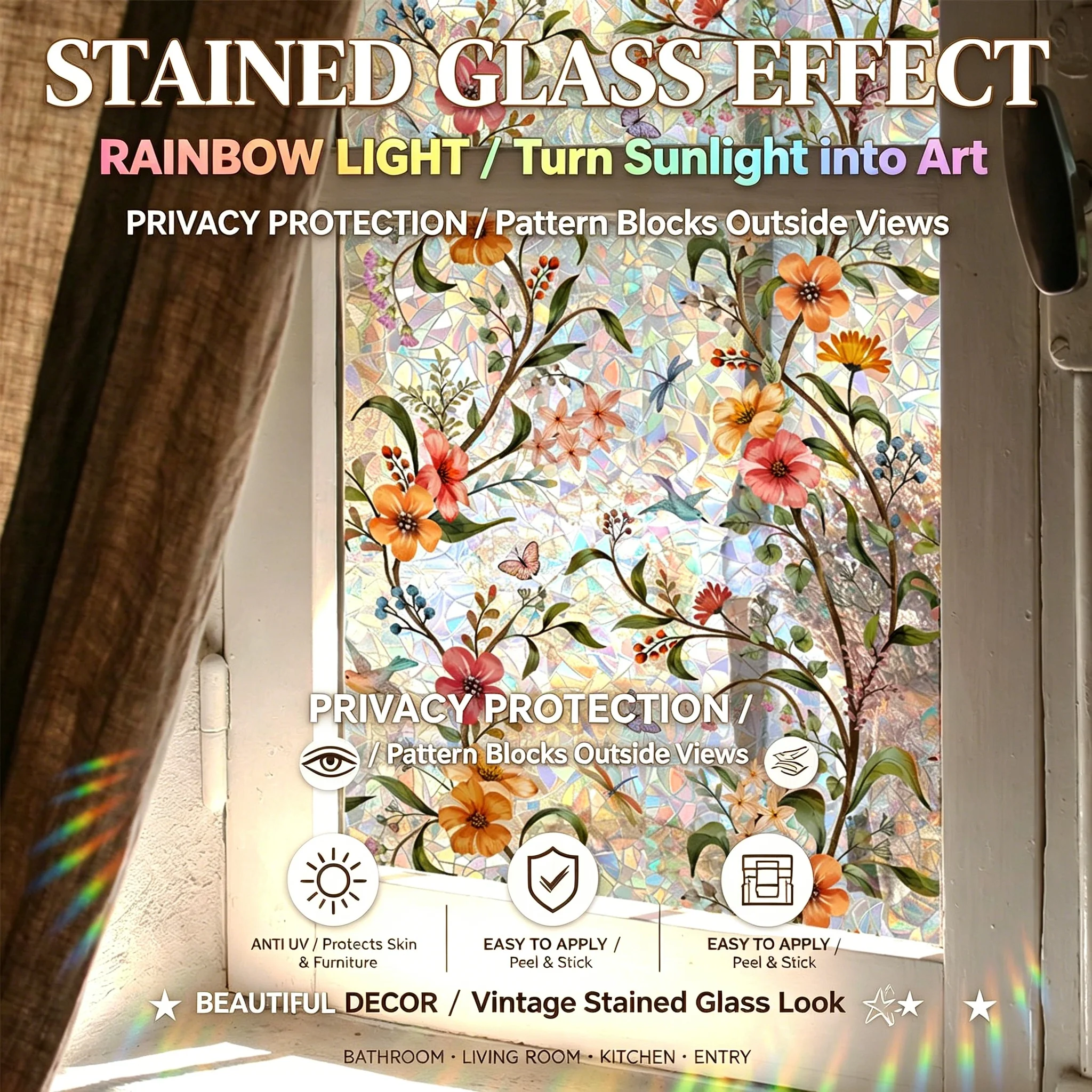 UV Protection Window Film 3D Stained Glass Privacy Translucent Darkening Window Tint Static Cling Removable for Bathroom Home Gl