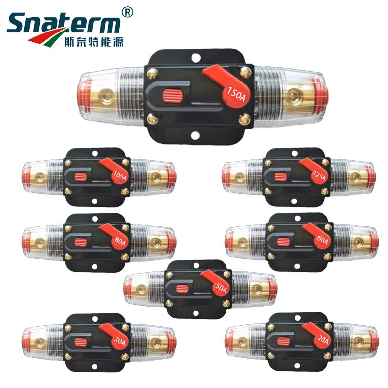 100A 80A 60A 50A 40A 30A 20A 12V / 24V / 48V DC قاطع الدائرة القابل لإعادة الضبط التأمين على موصل الطاقة الشمسية الكهروضوئية