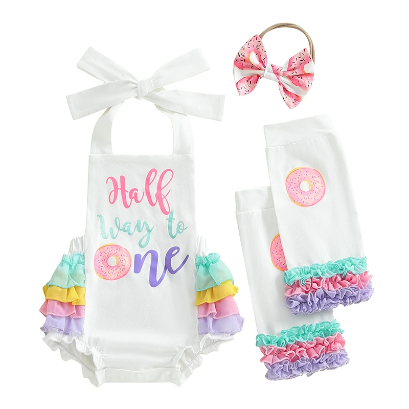 

Baby Girls Birthday Clothes Sleeveless Letter Donut Print Romper with Bow Headband and Leg Warmers