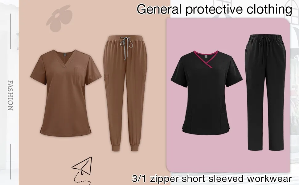 여성 간호사 유니폼 빠른 건조 직물 솔리드 컬러 v 넥 포켓 반팔 바지 정장 간호사 유니폼 정장