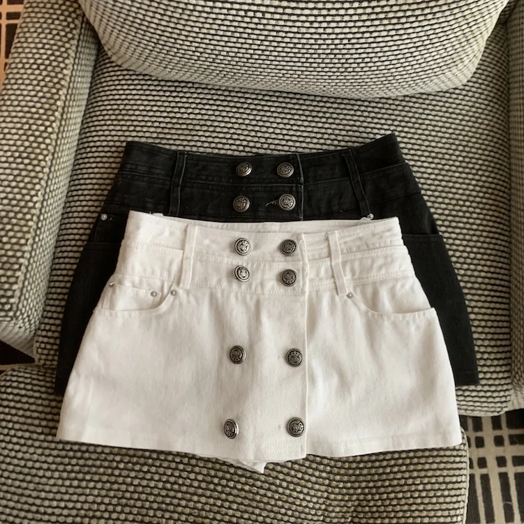 Women's Summer Streetwear High Waist Double Breasted A Line Short Skirt Lady Solid Color Short Skirt