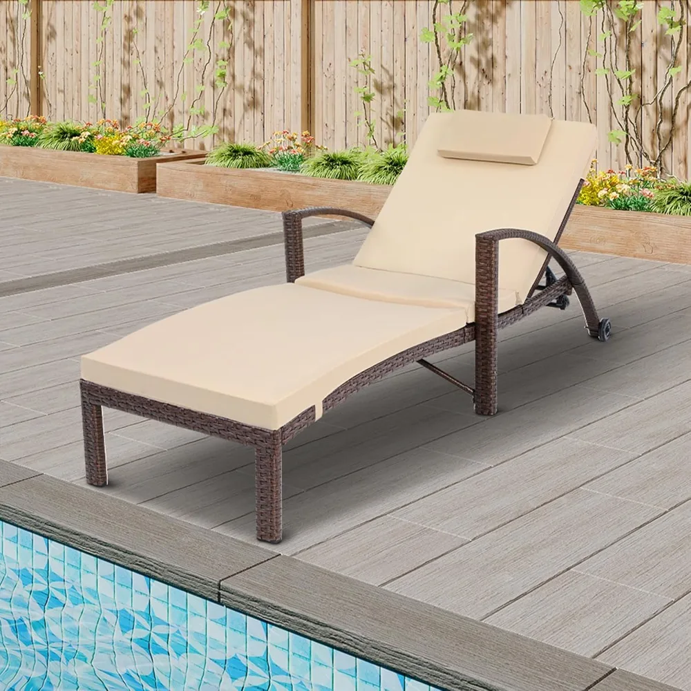 

Wicker Chaise Lounge Set, Pool Lounge Chair w/ 5-Position Backrest, Armrests, Cushions and Headrest, Outdoor Lounger
