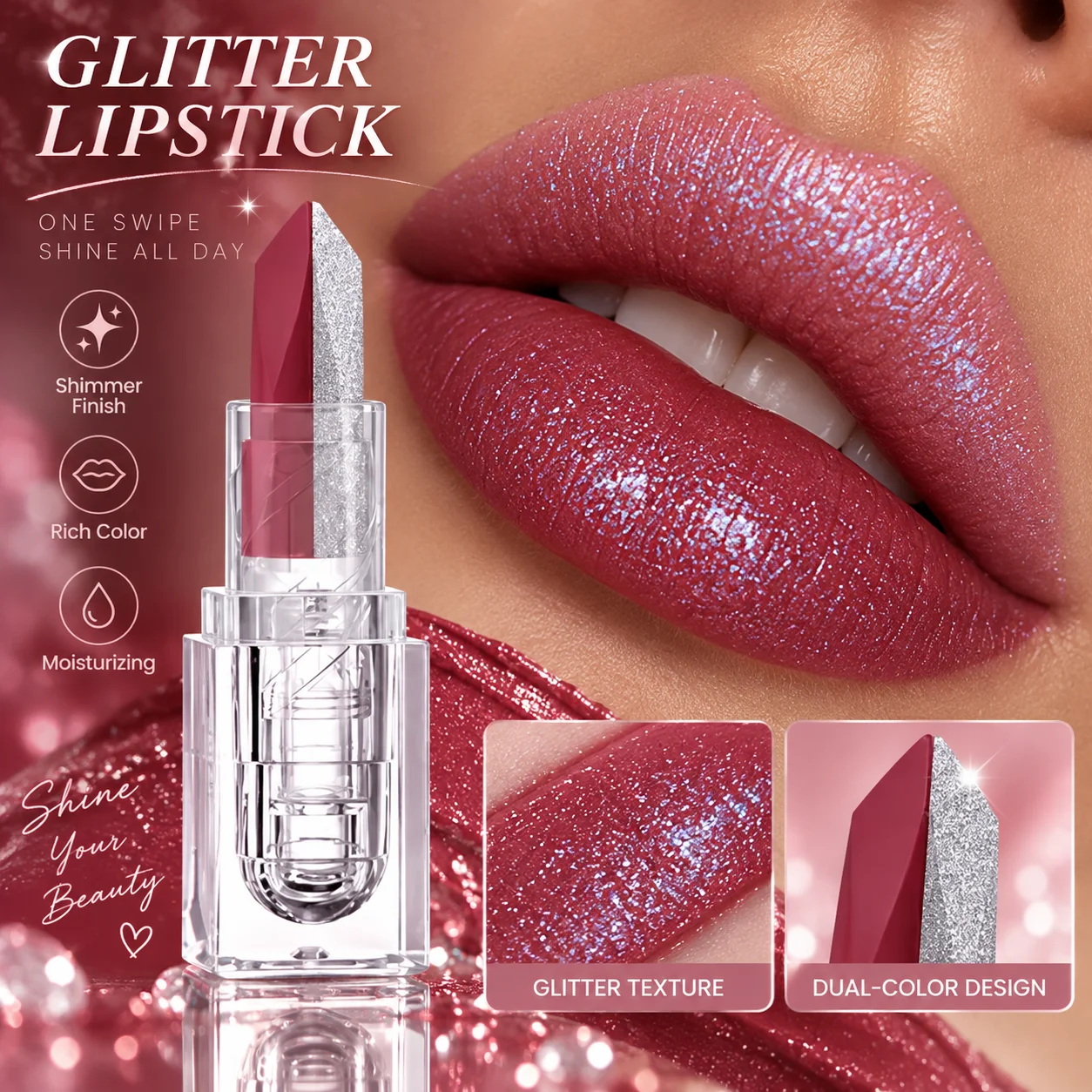 1 Stück Doppelkopf-Glitzer-Lippenstift, mattierter Samt-Lippenstift, 2-in-1 Schimmer-Diamant-Lipgloss, wasserfestes Lippen-Make-up, Kosmetik für Frauen