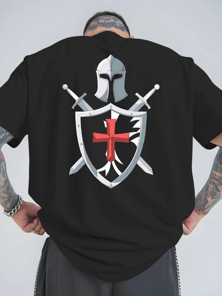 

Men's Crusader armor pattern-vibrant red medieval knight print, breathable cotton summer O-neck short-sleeved T-shirt.