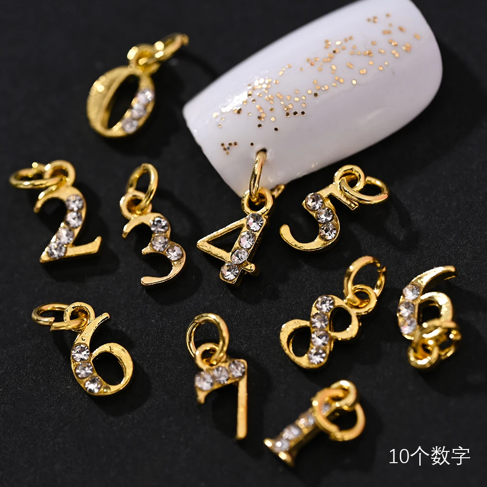 10/26Pcs Metal Alphabet English Letter Piecing Rings Nail Charms Gold Silver Number Nail Rhinestones Gems DIY 3D Nail Pendant