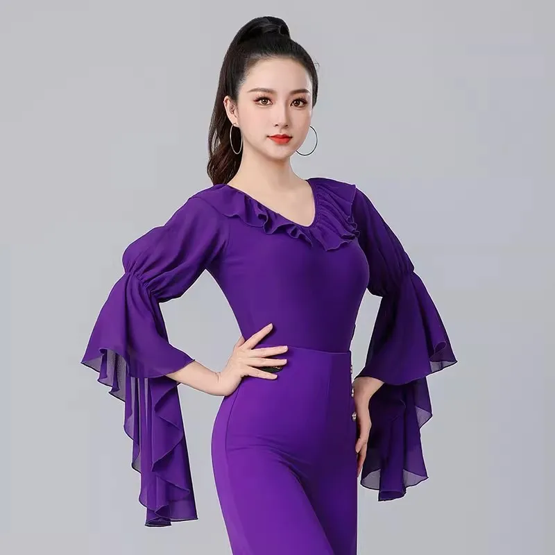 

Purple Latin Dance Tops for Women 2025 New Ballroom Dance Leotard Long Sleeve Salsa Rumba Waltz Performance Costumes