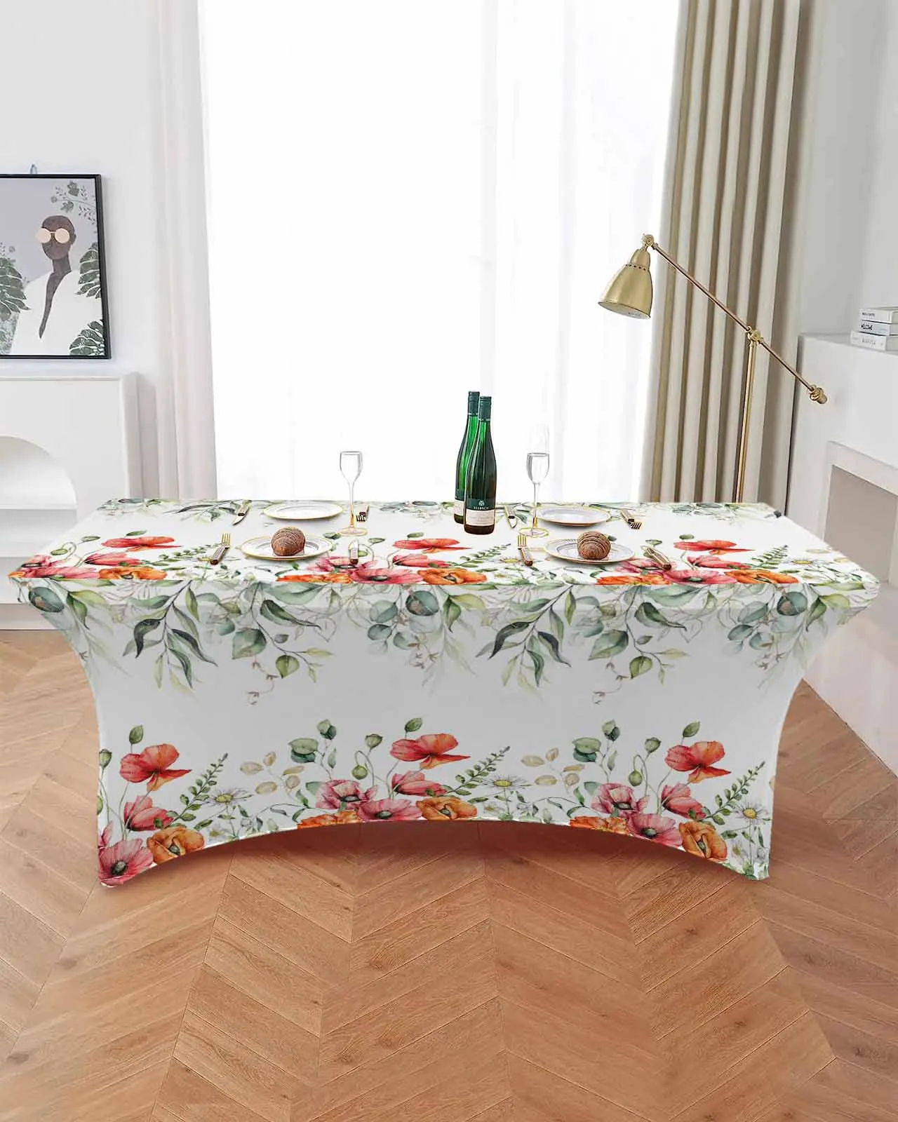 Spring Eucalyptus Poppy Flowers Rectangular Elastic Table Skirt Wedding Hotel Table Cover Holiday Dining Table Tablecloth