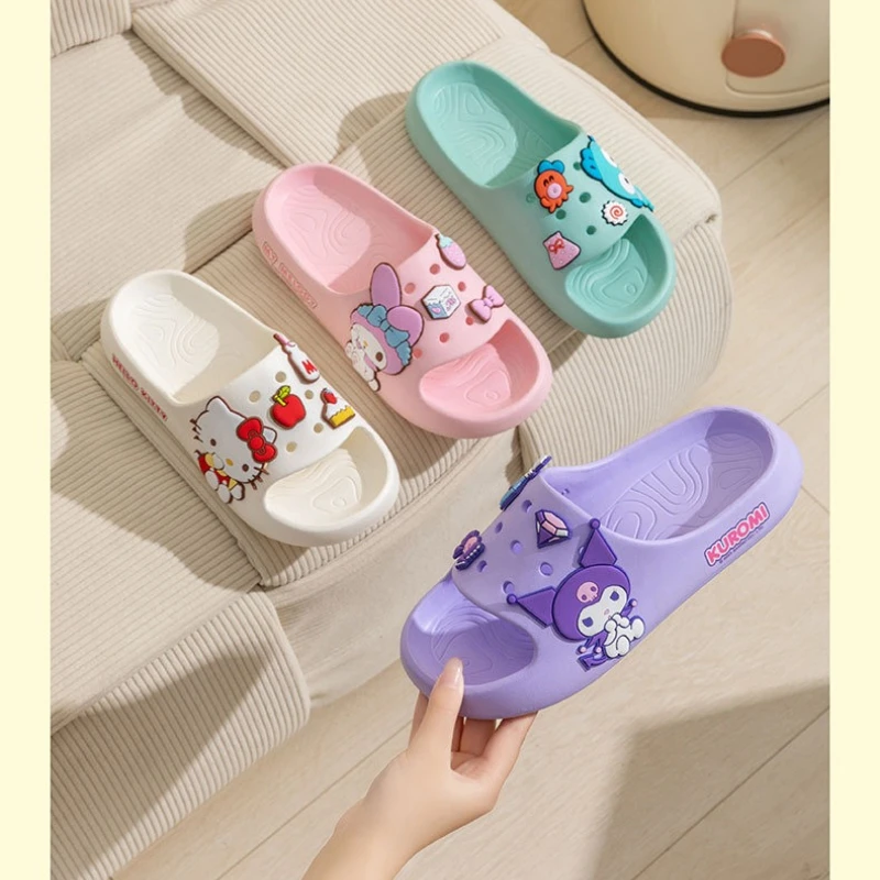 

Детские тапочки Sanrio EVA с героями мультфильмов Hello Kitty и Cinnamoroll, нескользящие шлепанцы для дома и ванной, летние пляжные сандалии для улицы