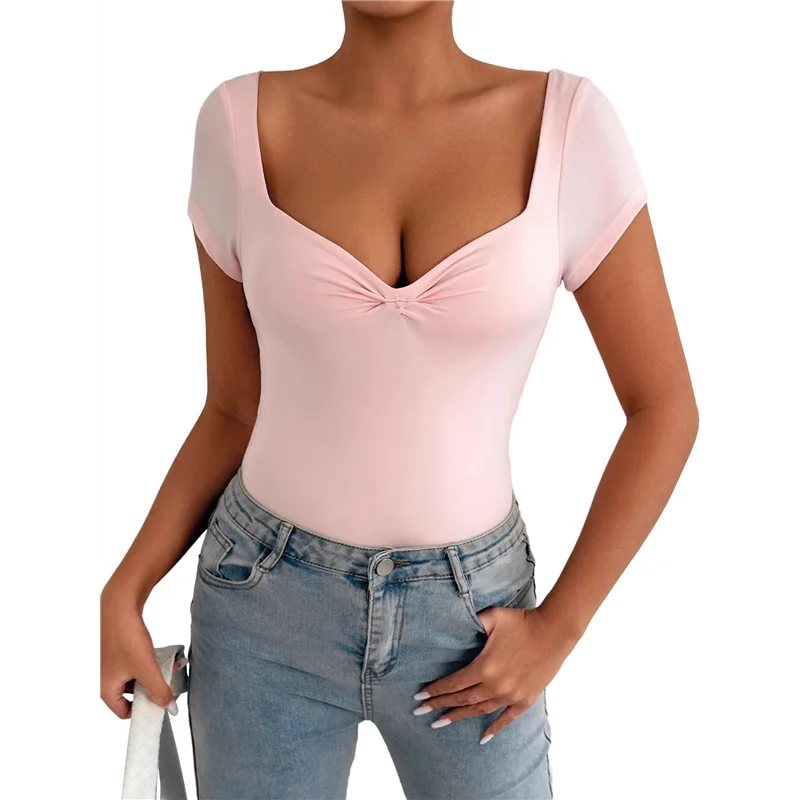 

CYL-Women's Sweetheart Neck Short Sleeve Bodysuit Slim Fit Fashion Body Suit Basic Jumpsuit Shirts