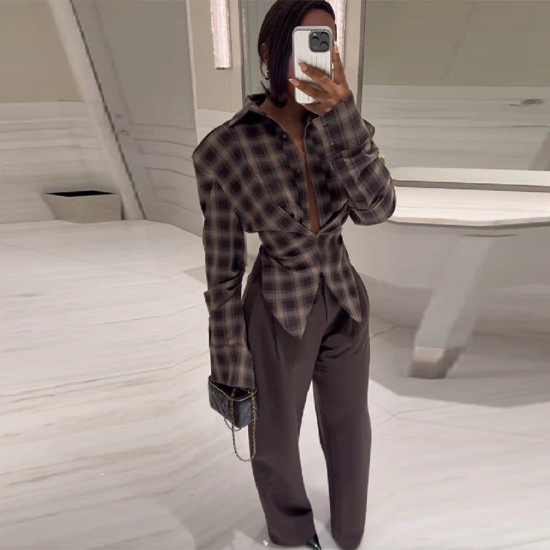 

Осенние стильные женские топы: модная повседневная рубашка в клетку с завышенной талией, приталенная, с длинным рукавом, сексуальная