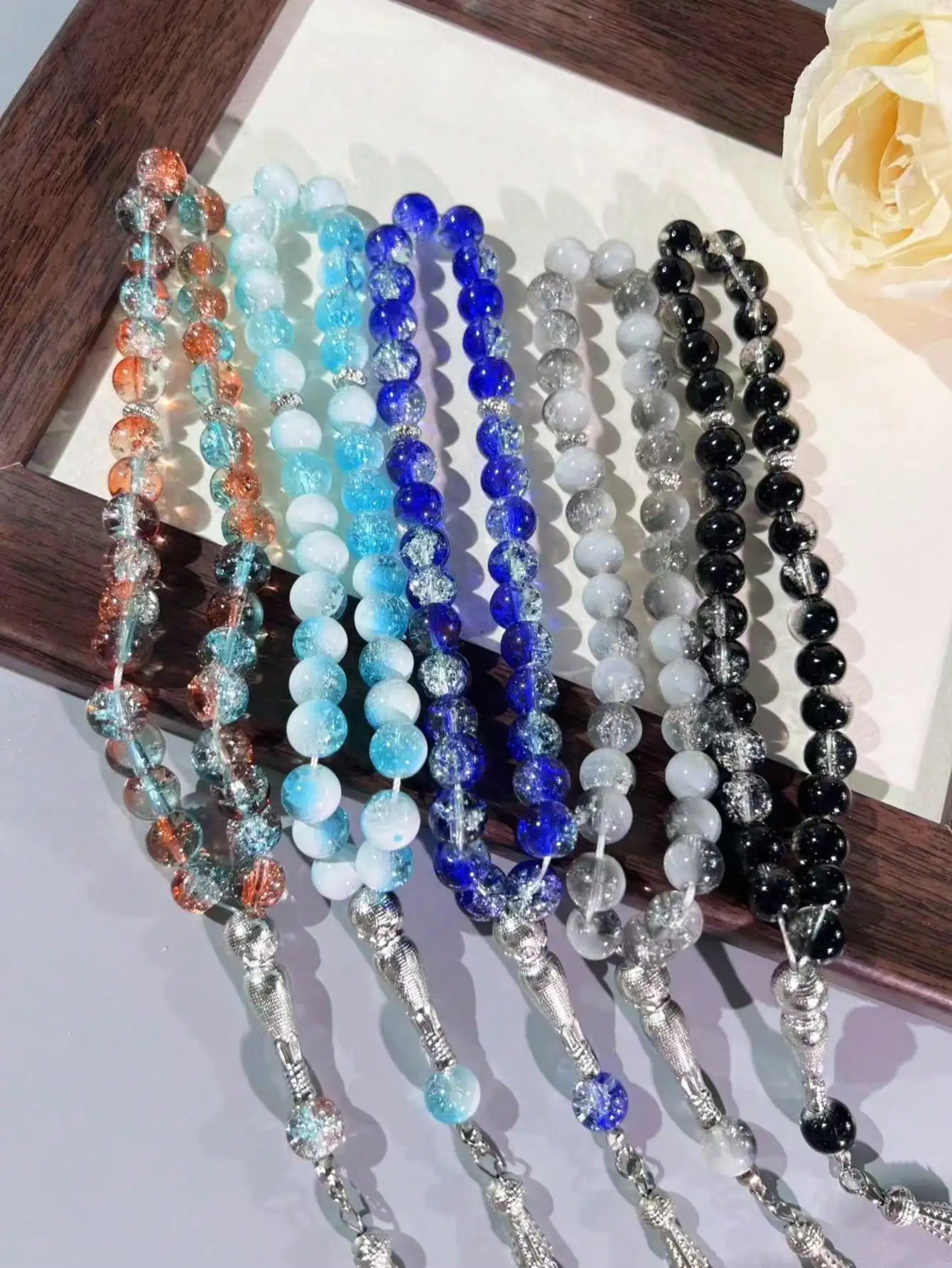 10mm 33Pcs Cracked Glass Muslim Prayer Beads Tasbih, Handmade Islamic Misbaha Rosary Bracelet with Exquisite Texture, Portable R view 6