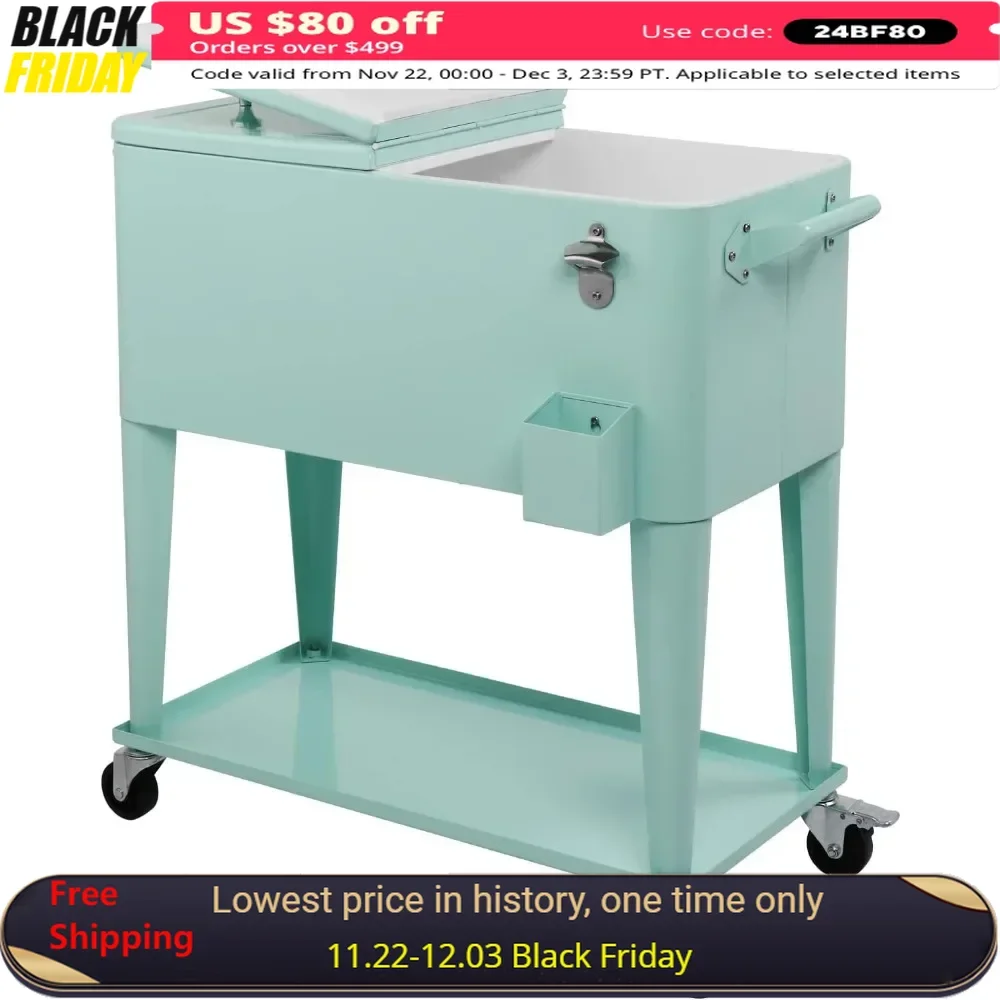 80 Quart Party Ice Cooler Table with Shelf, Bottle Opener, Portable Rolling Drink Coolers Cart, Ice Cooler Table